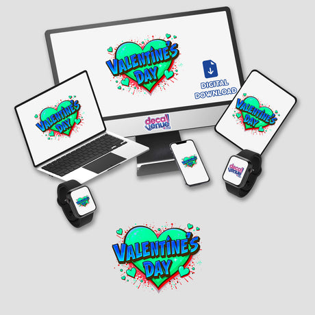 Valentine's Day Love Heart digital artwork features a heart design displayed on a laptop, computer monitor, and tablet, ideal for stickers or digital art from Decal Venue.