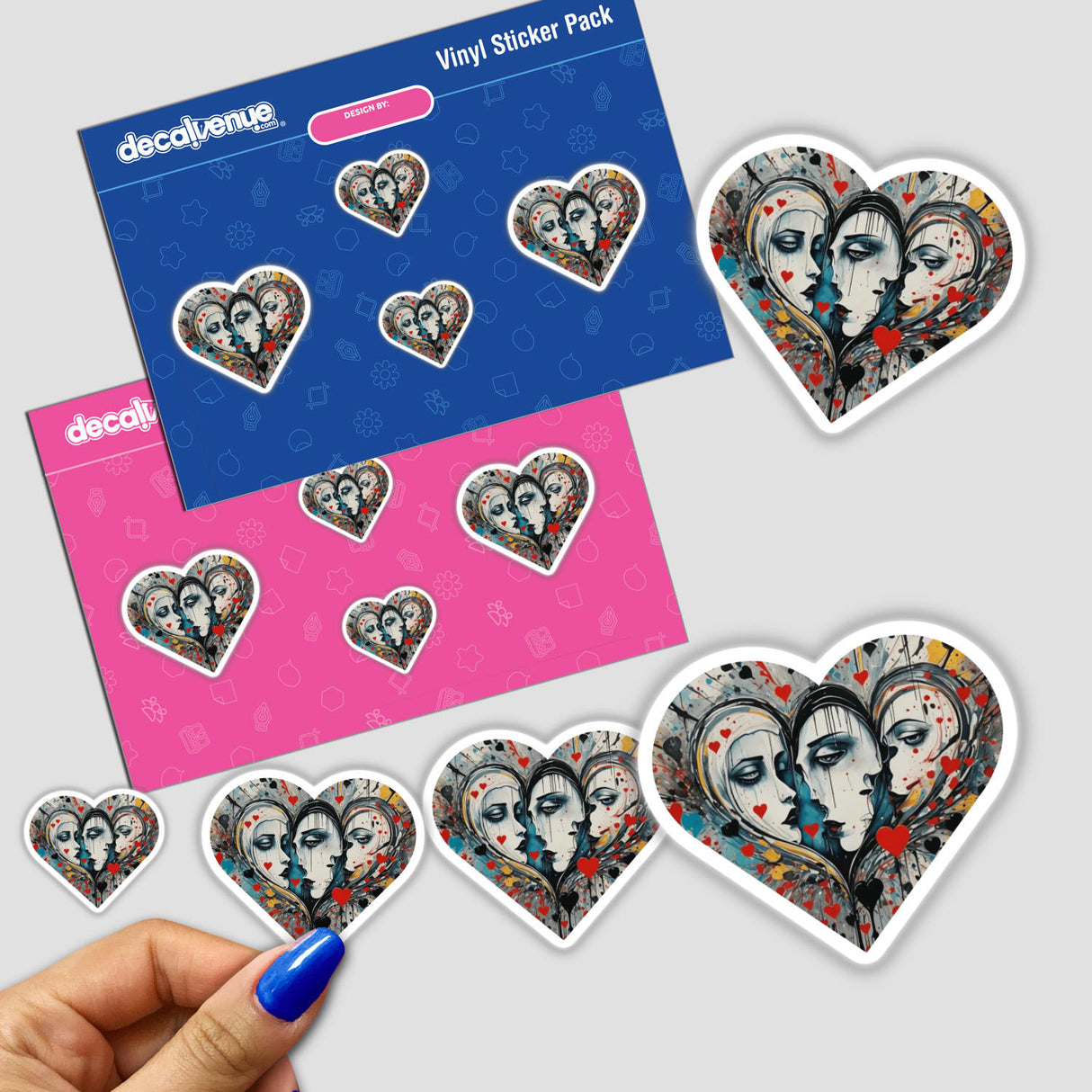 Abstract People in Love Heart Shaped sticker pack showcasing heart-shaped images with faces and hearts, ideal for adding a unique touch to personal items. Available as stickers or digital artwork.