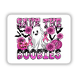 Cartoon ghost with pink ribbon and pumpkins from the Gold Breast Cancer Series 4, available as stickers or digital artwork.