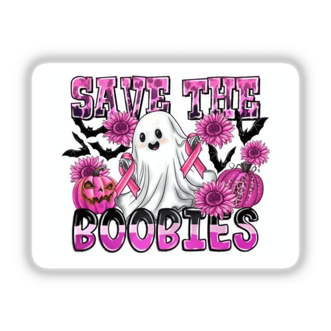 Cartoon ghost with pink ribbon and pumpkins from the Gold Breast Cancer Series 4, available as stickers or digital artwork.