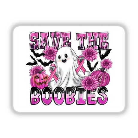 Cartoon ghost with pink ribbon and pumpkins from the Gold Breast Cancer Series 4, available as stickers or digital artwork.