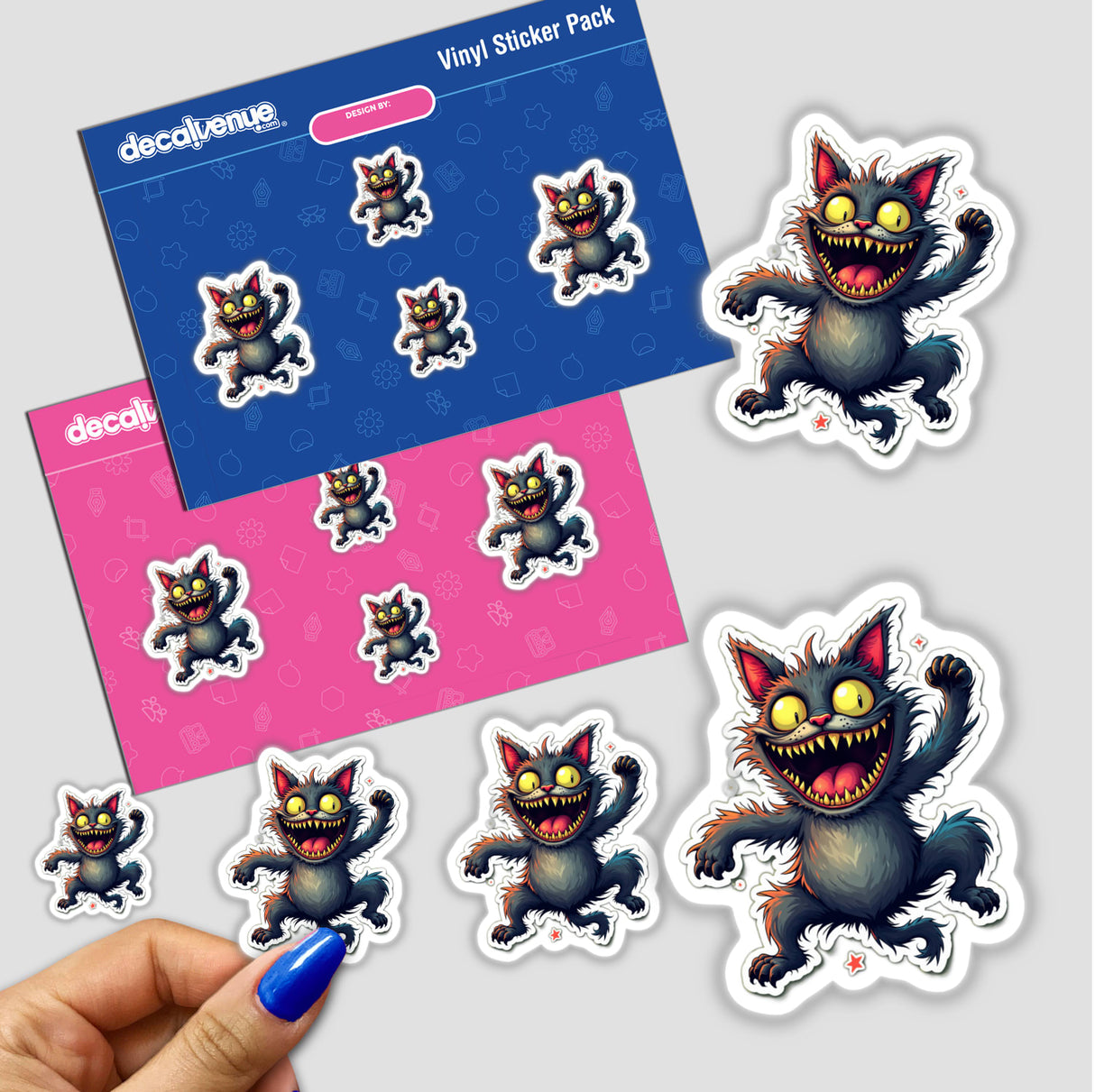 Gato Acelerado stickers featuring various cartoon cats in playful poses, available as physical stickers or digital artwork.