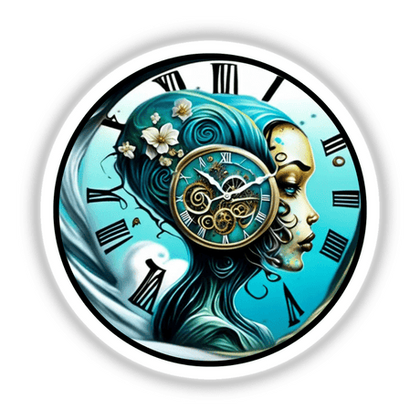 Mother Nature Timeclock featuring a unique blend of a woman's face and clock elements, available as stickers or digital artwork from Decal Venue.