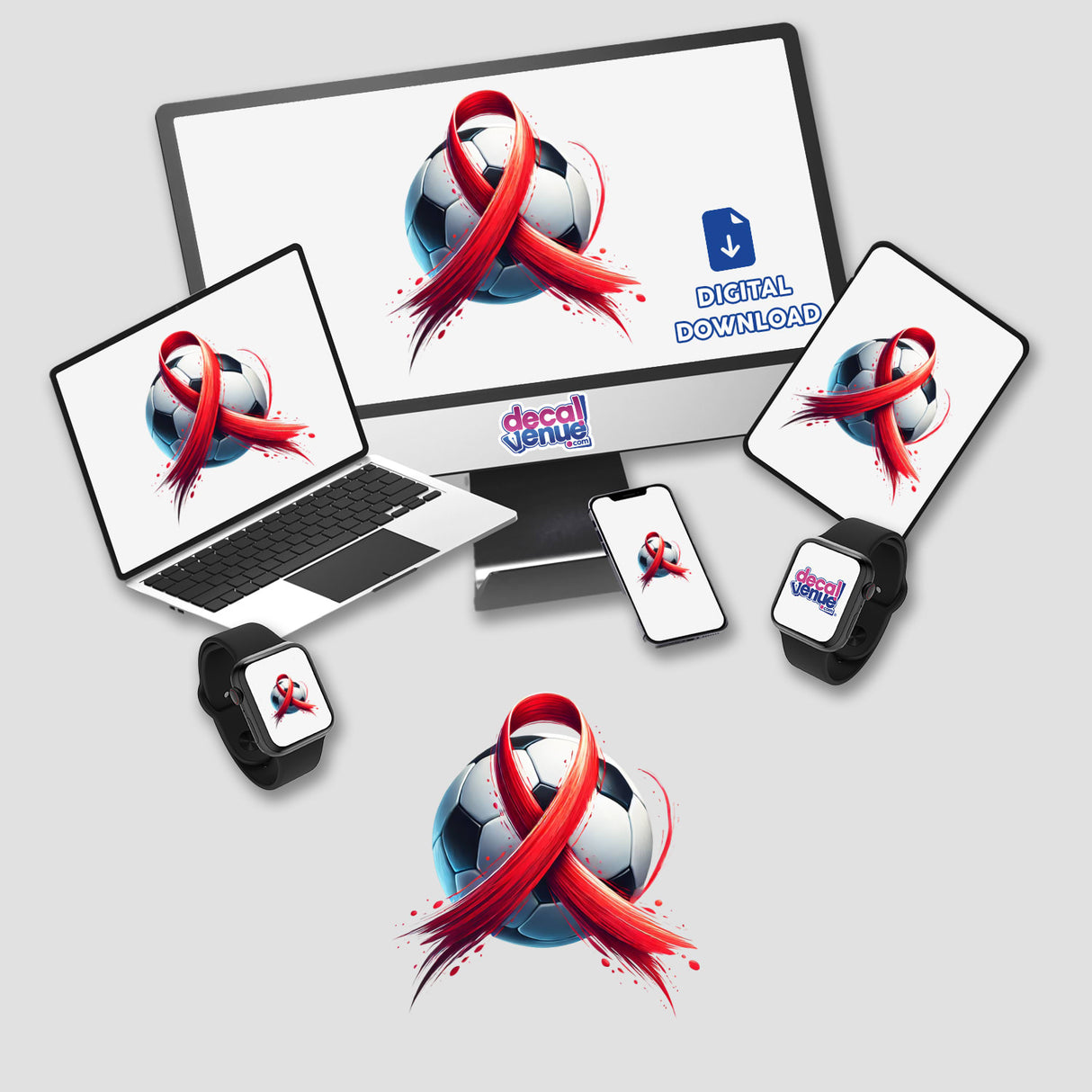 Soccer Ball Red Ribbon: Digital artwork or sticker featuring a computer monitor, laptop, tablet, and football with red ribbons around them.