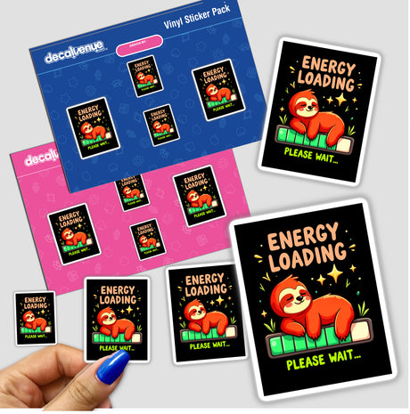 Energy Loading Please Wait Cute Sloth Quote sticker, featuring a cartoon sloth on a black background, ideal as a fun decorative piece or digital artwork from Decal Venue.