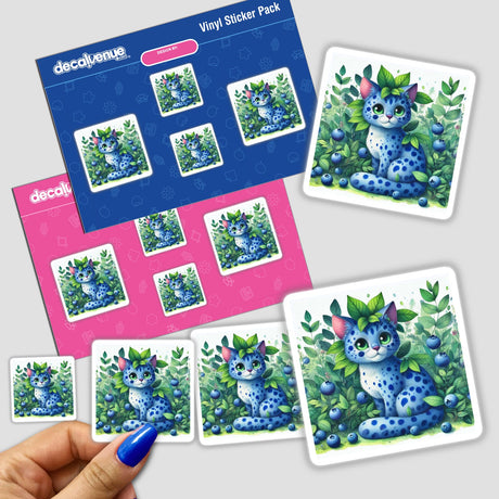 Blueberry Kitten sticker featuring a whimsical blue-spotted cat adorned with green leaves, perfect for adding a touch of charm to your collection from Decal Venue.