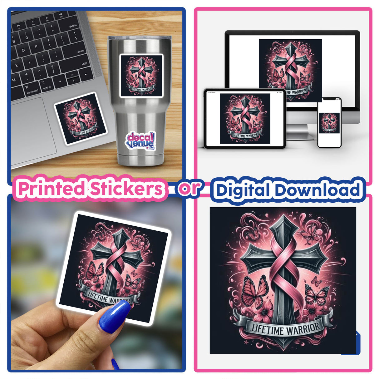 Collage showcasing Gold Breast Cancer Series 7 with a laptop adorned with a cross, butterflies, and ribbon stickers, alongside a hand holding similar artwork. Available as stickers or digital artwork.