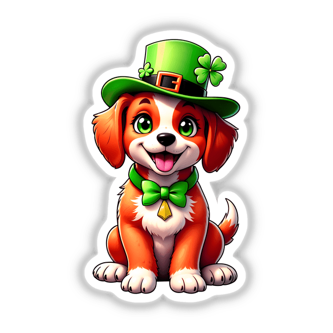 St. Patrick's Day Puppy cartoon featuring a dog in a green hat, with a bow tie and clover, available as stickers or digital artwork from Decal Venue.