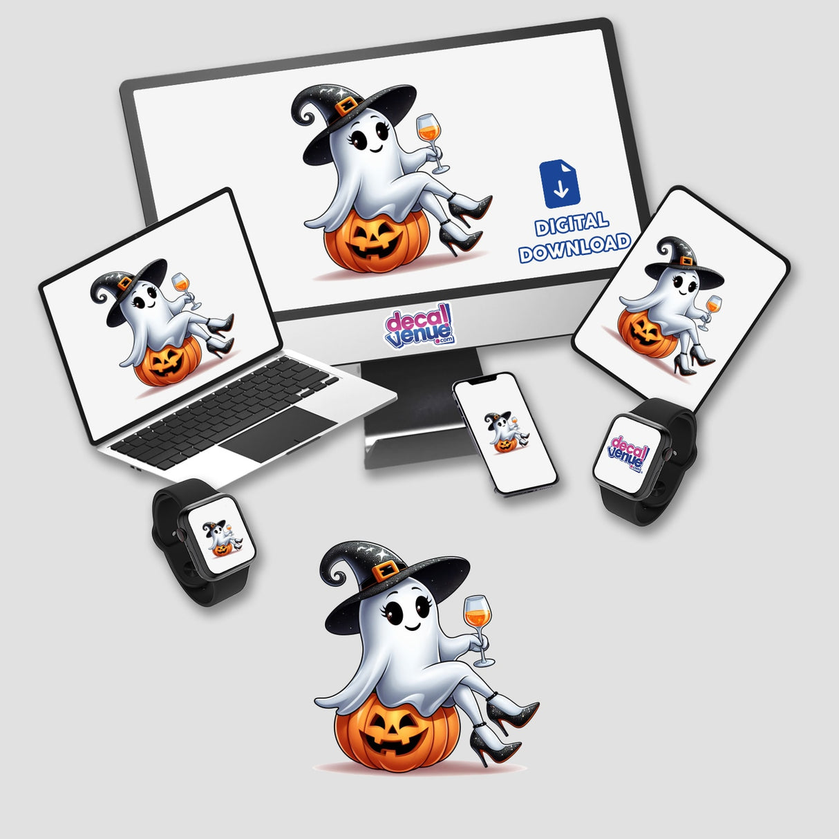 Sassy Halloween Ghost Witch w/ Wine Glass II depicted on a computer monitor and laptop screen, featuring a cartoon ghost sitting on a pumpkin, available as stickers or digital artwork.