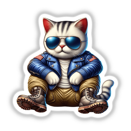 Adorable patriotic cat in aviator sunglasses and leather jacket, digital artwork sticker