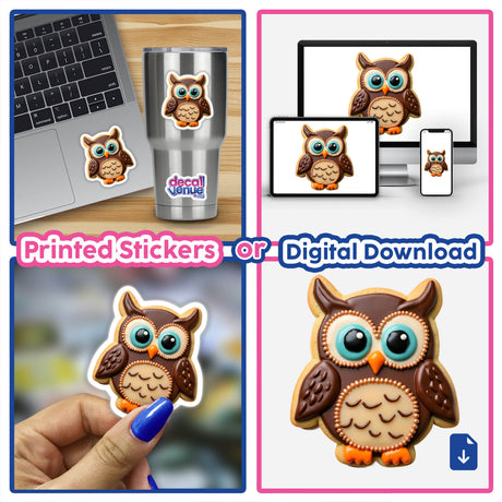 Owl Shaped Cookie with Brown Feathers and Big Eyes, presented in a collage of various artistic styles, available as stickers or digital artwork.