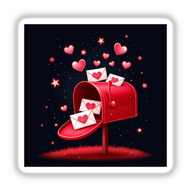 Red Mailbox with Love Letters and Pink Hearts, featuring a red mailbox adorned with hearts and stars, accompanied by a white envelope with a heart, available as stickers or digital artwork.