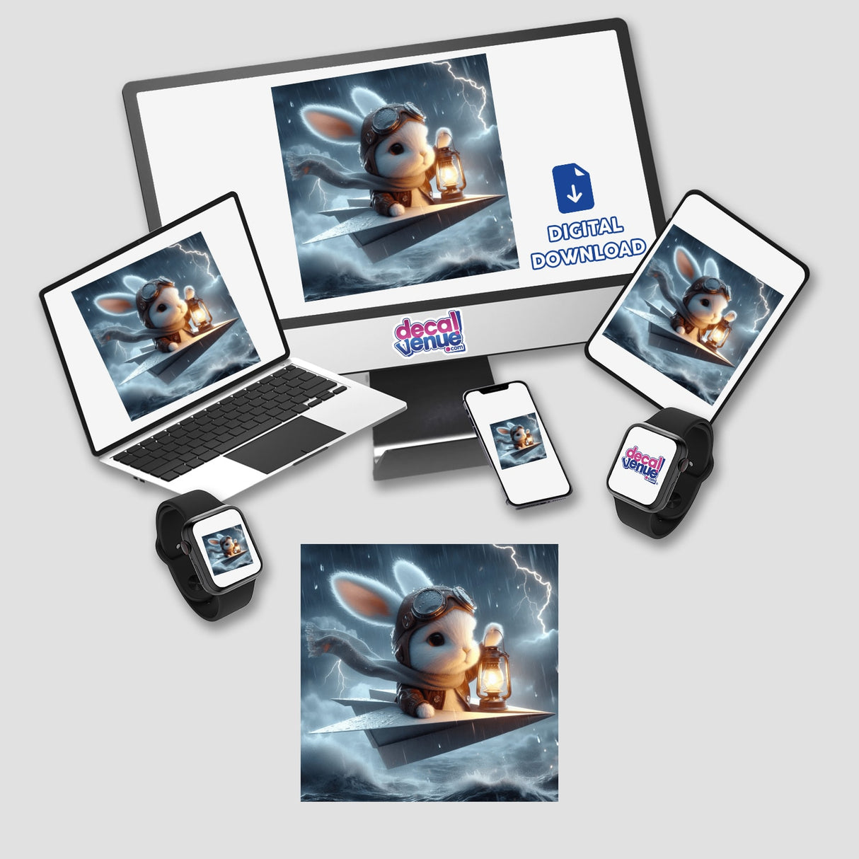 Snowflake, The Paper Aviator, depicted as a cartoon rabbit in a pilot hat and goggles flying a paper plane, featured on a laptop, tablet, and phone screen, available as stickers or digital artwork.