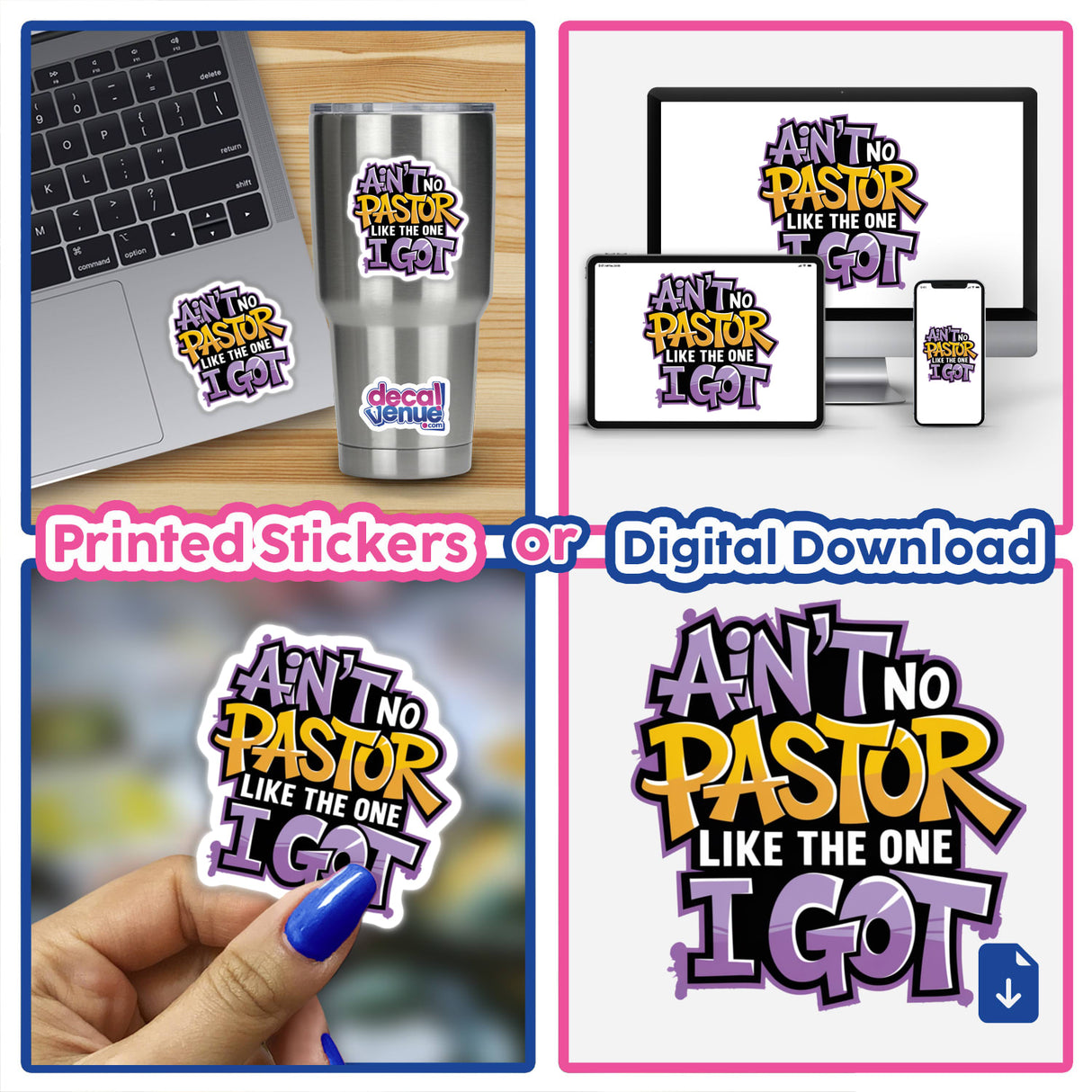 Collage featuring a variety of stickers, including one with the spiritual phrase. Displayed on a laptop and held by a person, showcasing the product's versatility as both stickers and digital artwork.