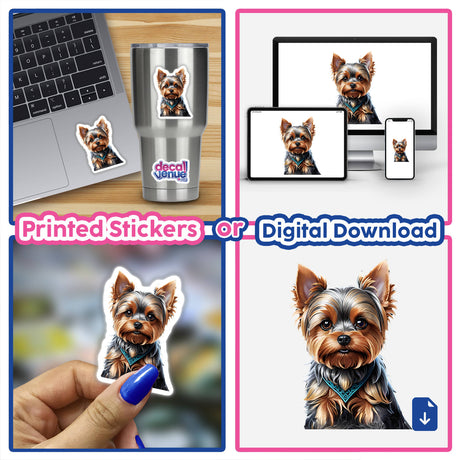 Adorable Yorkshire Terrier digital artwork displayed on various products including a laptop, mobile devices, and a tumbler. Detailed portraits showcase the dog's expressive features and charming appearance.