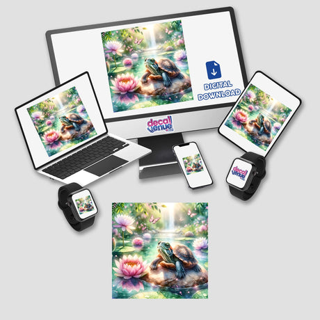 Turtle in a Peaceful Pond Watercolor Illustration displayed on a computer monitor and laptop, showcasing vibrant artwork available as stickers or digital downloads from Decal Venue.