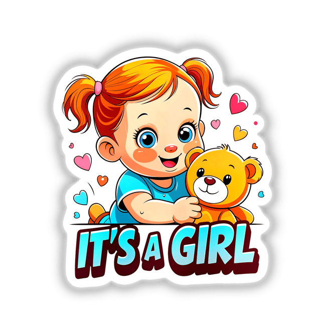 Cartoon baby holding a teddy bear, titled It's A Girl - Gender Reveal, available as stickers or digital artwork from Decal Venue.