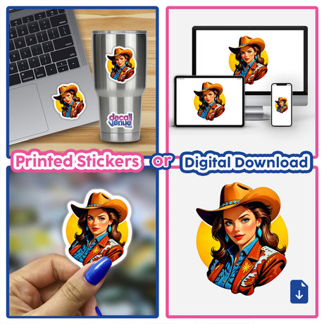 A collage featuring 'A Cute American Cowgirl' sticker on a laptop, cup, and various surfaces, highlighting its versatility as both a sticker and digital artwork from Decal Venue.