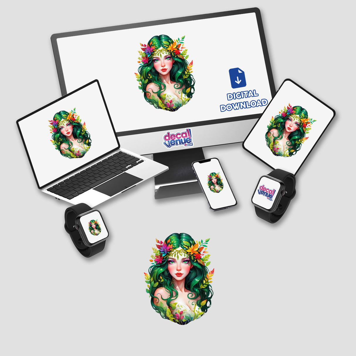 Mystical Leafy Goddess Sticker featuring an elegant forest goddess with green hair and floral details, displayed on a computer monitor and laptop. Available as stickers or digital artwork.