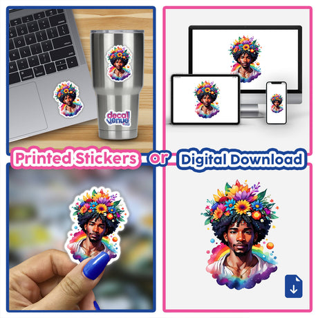 Boho Flower Crown Chakra Sticker - Spiritual Metaphysical Kawaii Design featuring a collage of a man with flowers, close-up of nails, and a laptop with a sticker.