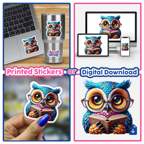 Owl With Reading Glasses Open Book depicted as a cartoon sticker, showcasing a wise owl engrossed in a book. Available as unique vinyl stickers or digital artwork from Decal Venue.