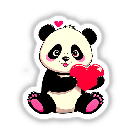 Cute panda bear cartoon holding a heart, available as stickers or digital artwork from Decal Venue, known for unique illustrations.