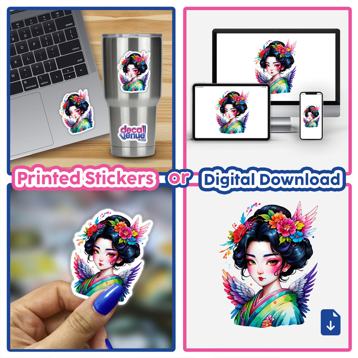 Sticker Design: Enchanting Angelic Geisha Beauty featuring a collage of cartoon women with flowers in their hair, perfect for unique stickers or digital artwork from Decal Venue.