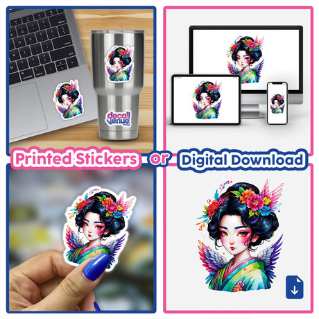 Sticker Design: Enchanting Angelic Geisha Beauty featuring a collage of cartoon women with flowers in their hair, perfect for unique stickers or digital artwork from Decal Venue.