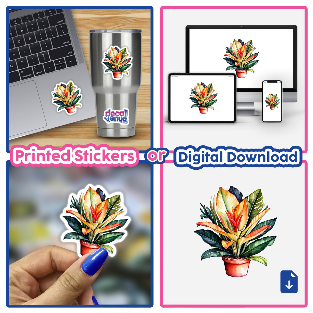 Exotic Leaves and Sansevieria Sticker | Watercolor Tropical Plant Art displayed on a laptop, featuring vibrant plant designs in a collage format.