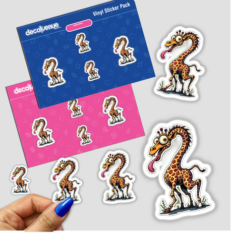 Girafa Corcunda stickers featuring cartoon giraffes with long necks and tongues sticking out, shown held by a hand.