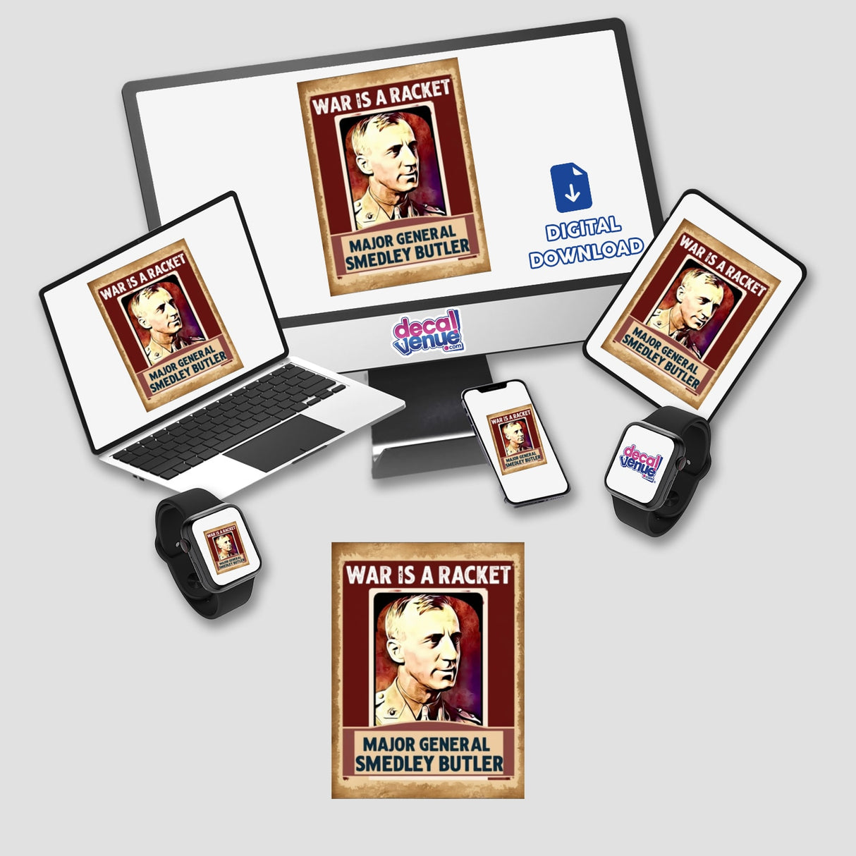 War is a Racket Vintage Clipart | Smedley Butler Quote | Stickers or Commercial Rights Download: a computer monitor and laptop displaying a man in military uniform.