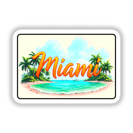 Florida Miami Beach USA artwork featuring palm trees and a beach scene, available as stickers or digital art, reflecting Decal Venue's unique style.