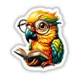 Parrot With Reading Glasses Open Book: An illustration of a colorful parrot holding and reading an open book, available as unique stickers or digital artwork.