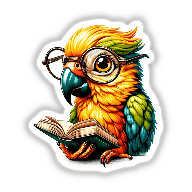 Parrot With Reading Glasses Open Book: An illustration of a colorful parrot holding and reading an open book, available as unique stickers or digital artwork.