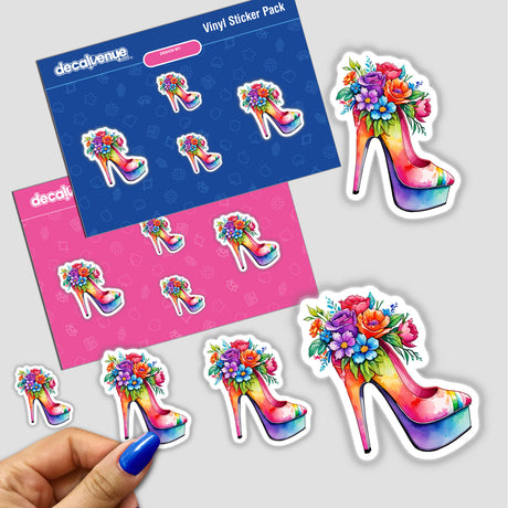 Floral Splash High Heels sticker pack featuring colorful high heel shoes adorned with intricate flower designs, available as physical stickers or digital artwork.