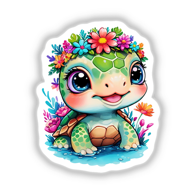 Adorable Baby Turtle: Big Eyes and Flower Crown with Floral Splash, illustrated as a cartoon turtle adorned with colorful flowers on its head, available as stickers or digital artwork from Decal Venue.