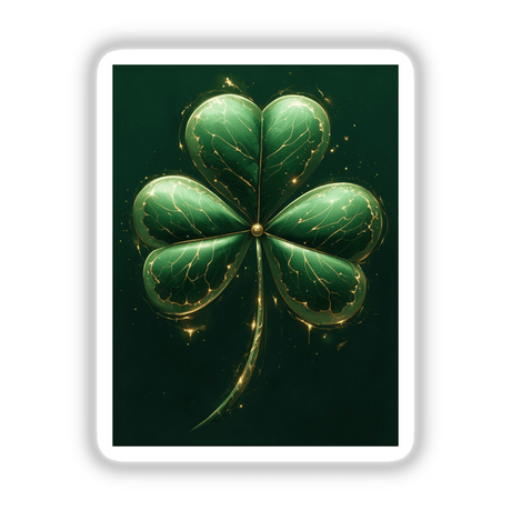 Golden Vein Shamrock – Lush Green Clover with Sparkling Gold Accents, featured on a card, available as stickers or digital artwork, highlighting intricate gold veins on vibrant green leaves.