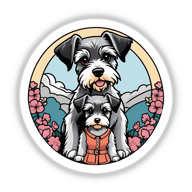 Cute schnauzer mother and puppy dog digital artwork with floral background