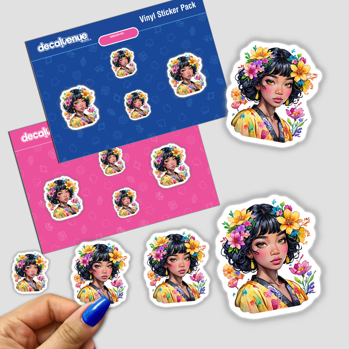 Stickers featuring a black Japanese girl in a yellow kimono, adorned with flowers in her hair, available as both physical stickers and digital artwork.