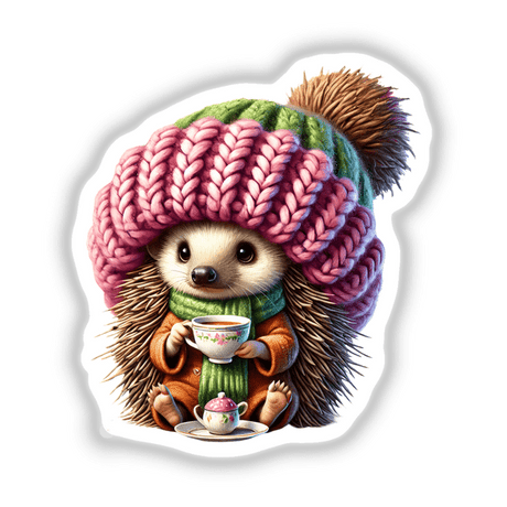 Cozy hedgehog gnome enjoying a hot tea party, vibrant digital artwork featuring a charming, whimsical character.