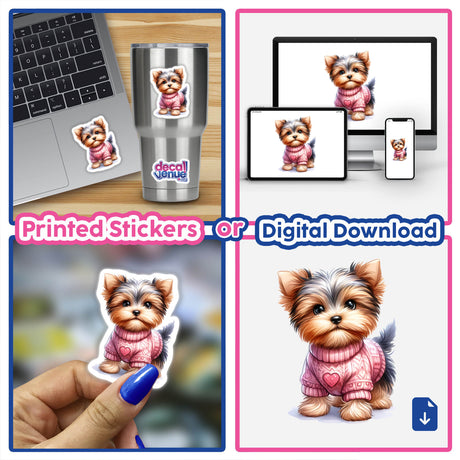 Cute Yorkie Dog with Pink Heart Sweater sticker displayed on a laptop and a cup.