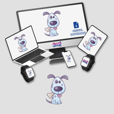 Puppy with Bone sticker design displayed on multiple devices, showcasing cartoon dogs and bones, highlighting Decal Venue's unique digital art style. Ideal for tech and sticker enthusiasts.