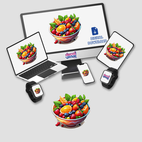 Colorful digital artwork depicting a bowl of vibrant, fresh fruit including oranges, berries, and leaves, featured across multiple digital devices like laptops, phones, and smartwatches from the Decal Venue store.