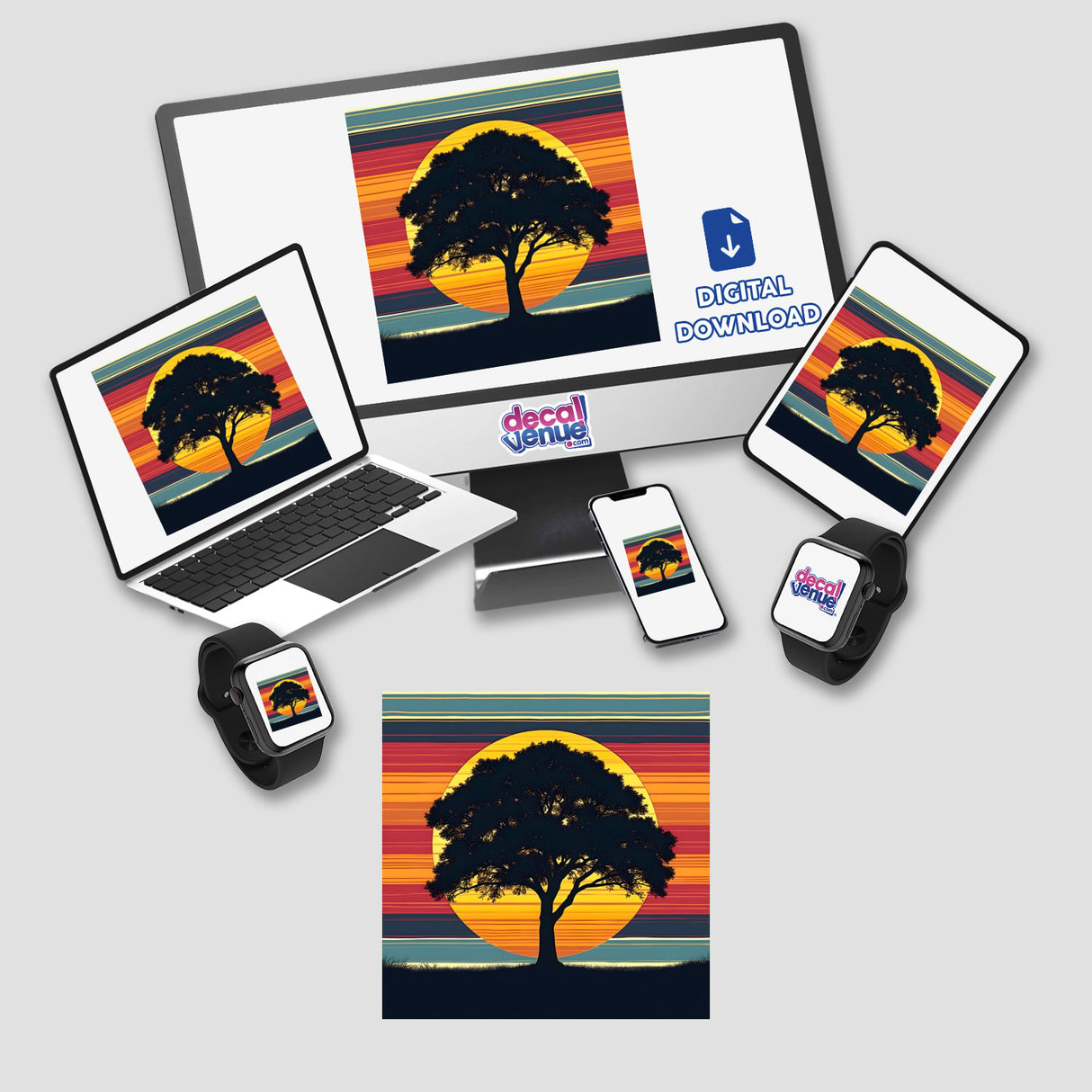 Tree Silhouette with Colorful Horizontal Stripes displayed on various devices, including a computer monitor, laptop, tablet, smartphone, and smartwatch, available as stickers or digital artwork.