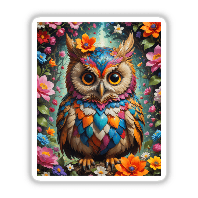 A Lovely Owl With Blooming Flowers digital artwork, featuring a vibrant owl surrounded by intricate floral designs, available as stickers or digital art from Decal Venue.