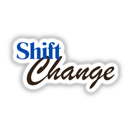 Shift Change logo, featuring stylized blue and white typography, available as stickers or digital artwork, showcasing unique design elements from Decal Venue.