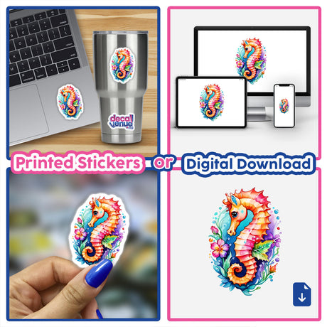 Cute Seahorse Intertwined with Flowers displayed on a laptop, a cup, and as digital artwork.