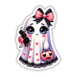 Cute Ghost with Pink Bow sticker featuring a cartoon ghost adorned with a pink bow and flowers, perfect for adding a whimsical touch to your belongings. Available as stickers or digital artwork.