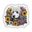 Detailed portrait of a friendly goldendoodle dog surrounded by vibrant sunflowers and other colorful floral elements.