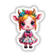 Chibi Cow Cutie: Adorable cartoon cow in a pink polka dot dress with flowers and horns, perfect as stickers or digital artwork.